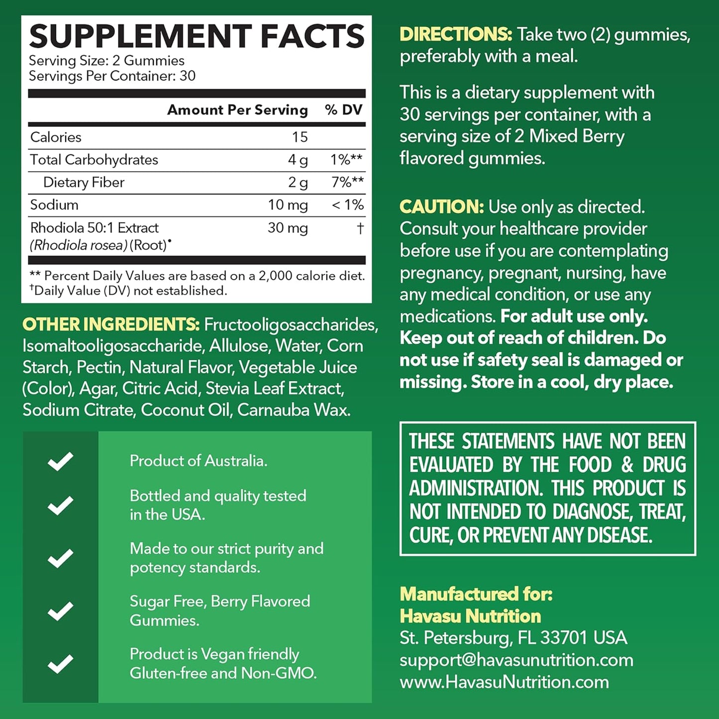 Rhodiola Rosea Gummies - Sugar Free Rhodiola Supplement - Adaptogen for Mental Clarity and Physical Performance - 60 Count - Vegan, Non-GMO and Gluten-free - Mixed Berry Flavour - görsel 2