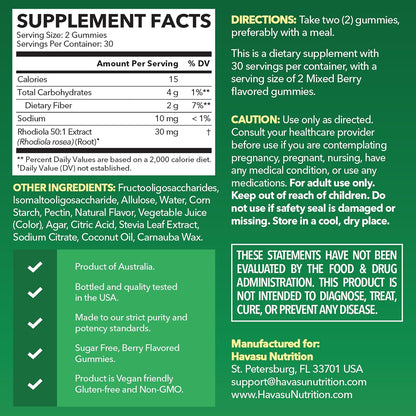 Rhodiola Rosea Gummies - Sugar Free Rhodiola Supplement - Adaptogen for Mental Clarity and Physical Performance - 60 Count - Vegan, Non-GMO and Gluten-free - Mixed Berry Flavour