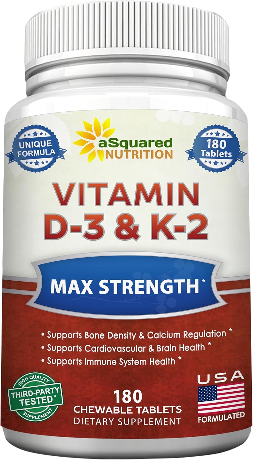 aSquared Nutrition Vitamin D3 with K2 - 180 Chewable Tablets, 2000 IU D3 & 75 mcg K2 MK-7 - görsel 1