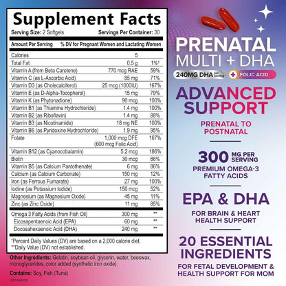 Nature's Nutrition Prenatal Vitamins with Folic Acid and Omega-3 DHA, 60 Softgels – Image 2