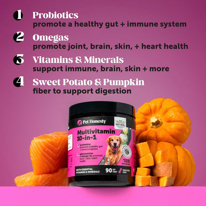 10-in-1 Dog Multivitamin Supplement with Glucosamine and Probiotics - Hip and Joint Support, Digestive Health, Immune Support, Heart and Skin - All-in-One Daily Vitamins and Omega-3s for Dogs (Chicken Flavour, 180 Chews)