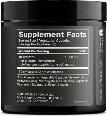 Toniiq Ultra High Potency Trans Resveratrol 1000mg - 98% Pure - 60 Capsules