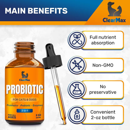Liquid Probiotics for Dogs and Cats – 6 Billion CFU Pet Digestive Support – Dog Probiotics with Enzymes – 2 oz (60 ml) Bottle