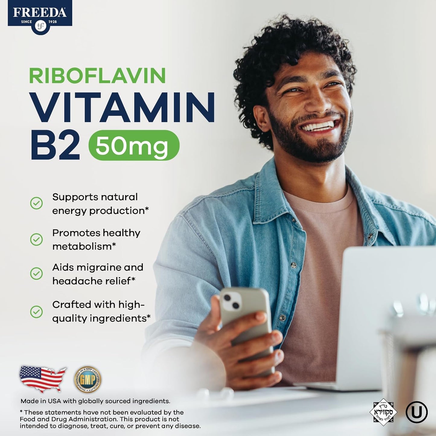 FREEDA Riboflavin Vitamin B2 Tablets – 50mg – Optimised Dose for Energy & Nervous System Support – Kosher, Vegan, GF B2 Vitamins Supplement – VIT B 2 for Brain & Metabolism (100 Ct) - görsel 2