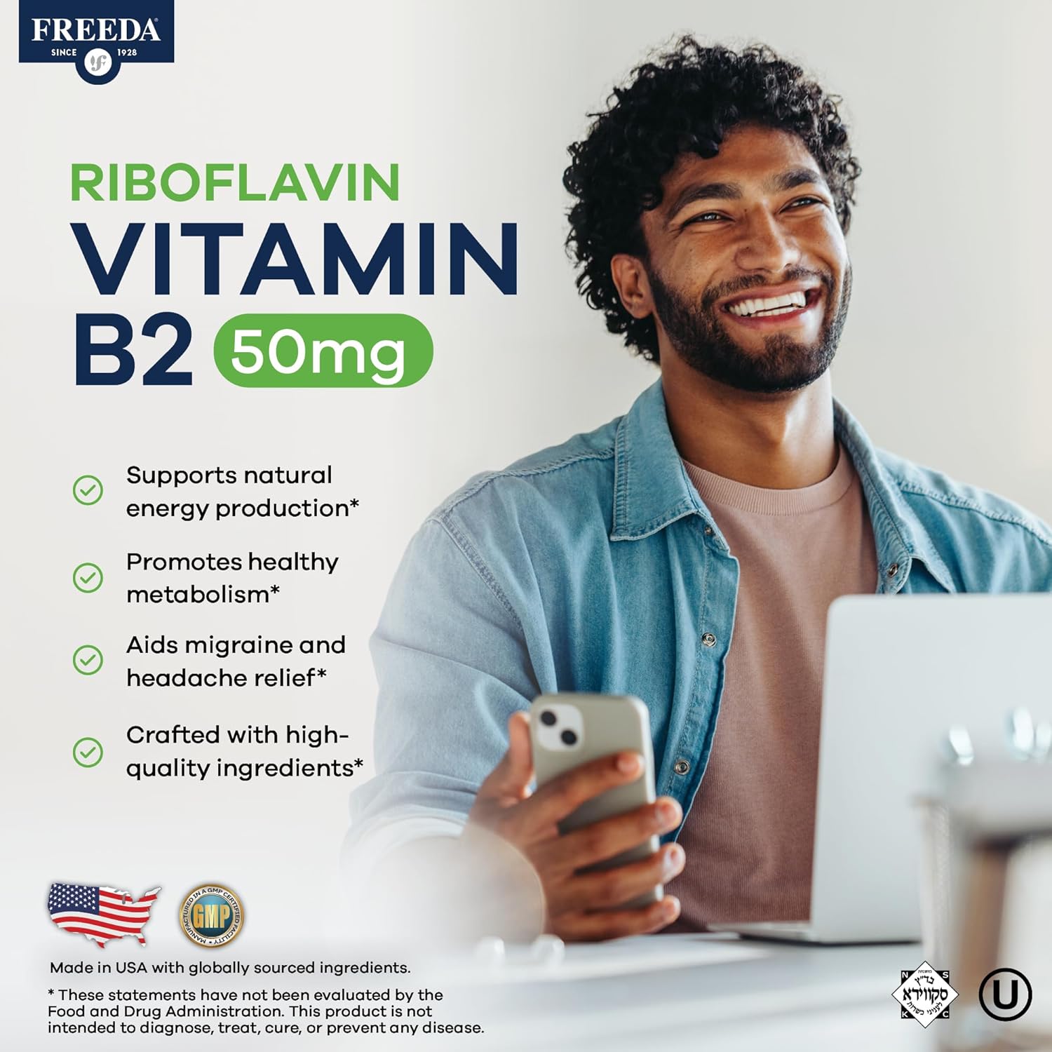 FREEDA Riboflavin Vitamin B2 Tablets – 50mg – Optimised Dose for Energy & Nervous System Support – Kosher, Vegan, GF B2 Vitamins Supplement – VIT B 2 for Brain & Metabolism (100 Ct) - görsel 2