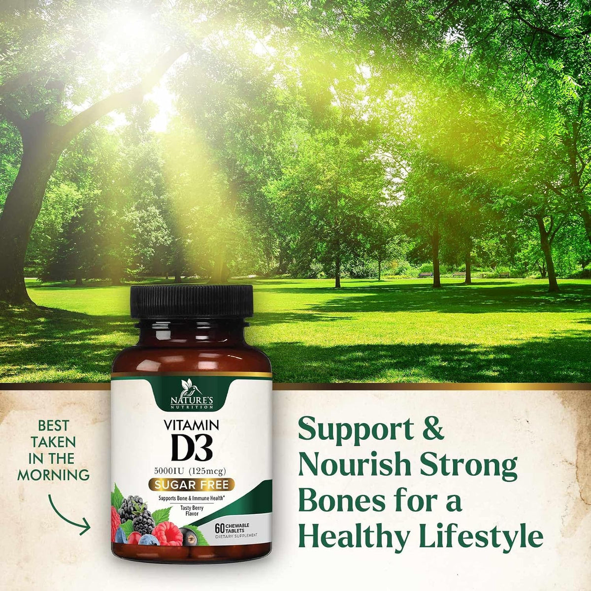 Nature's Nutrition Vitamin D3 5000 IU (125 µg) Chewable Tablets – Extra Strength for Immune Support & Bone Health – Sugar Free, Gluten-free – 60 Count - görsel 5