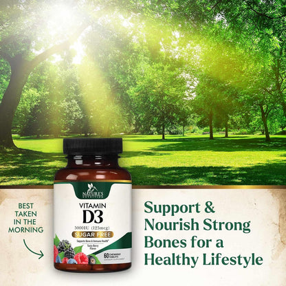 Nature's Nutrition Vitamin D3 5000 IU (125 µg) Chewable Tablets – Extra Strength for Immune Support & Bone Health – Sugar Free, Gluten-free – 60 Count