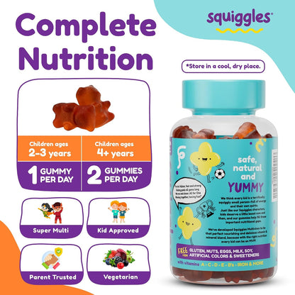 Squiggles Kids Multivitamin + Iron Gummies - Low Sugar, Berry Flavour (100 Count)