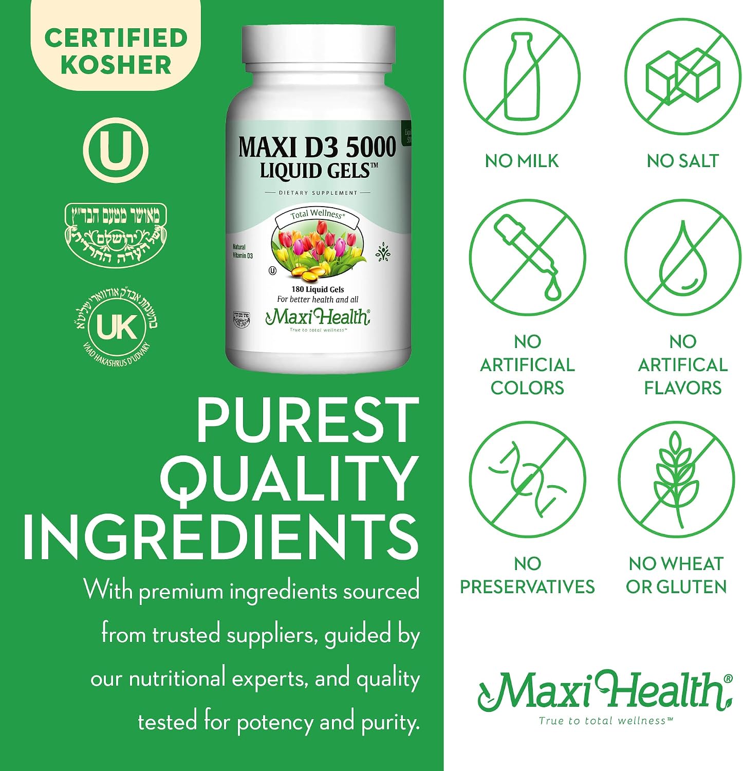 Maxi Health Vitamin D3 5000 IU Softgels – 125 mcg D3, Immune & Bone Support, Kosher, Non-GMO, Gluten-Free – 180 Softgels - görsel 6