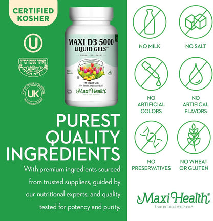 Maxi Health Vitamin D3 5000 IU Softgels – 125 mcg D3, Immune & Bone Support, Kosher, Non-GMO, Gluten-Free – 180 Softgels