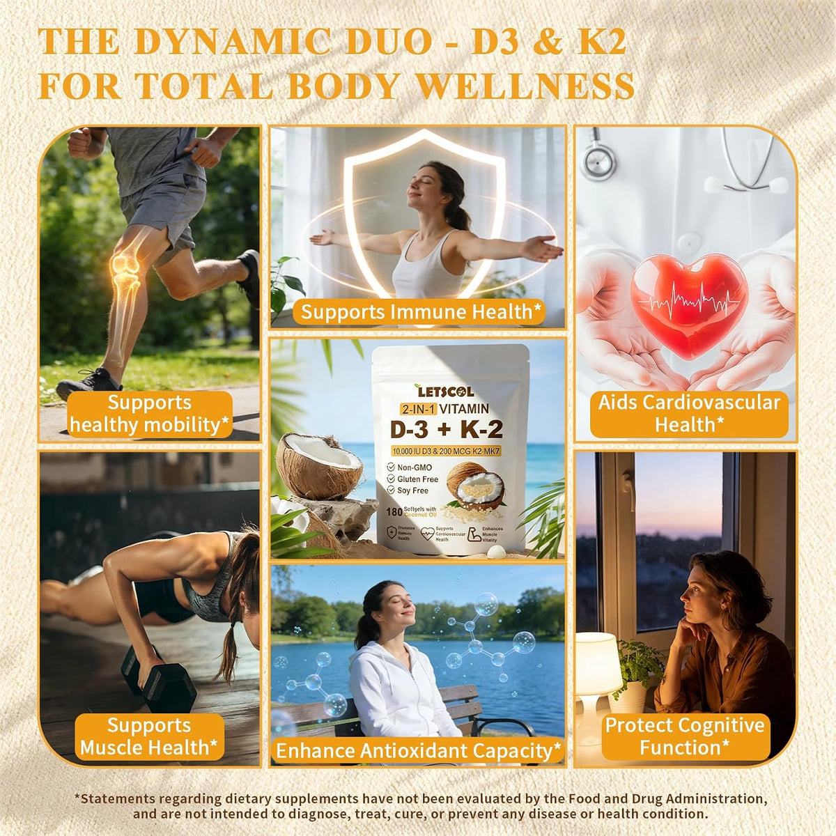 LETSCOL 2-in-1 Vitamin D3 K2 Soft gel capsules - 10000 IU D3 & 200 mcg K2 MK-7 - görsel 3