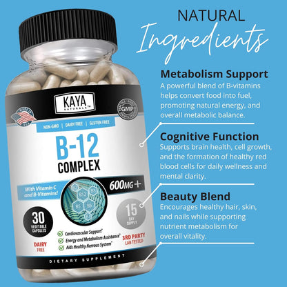 Kaya Naturals B-12 Complex – Multivitamin Supplement for Women and Men, Supports Normal Energy and Metabolism with Biotin, Choline, Inositol, Folate, and Vitamin C – 30 Capsules