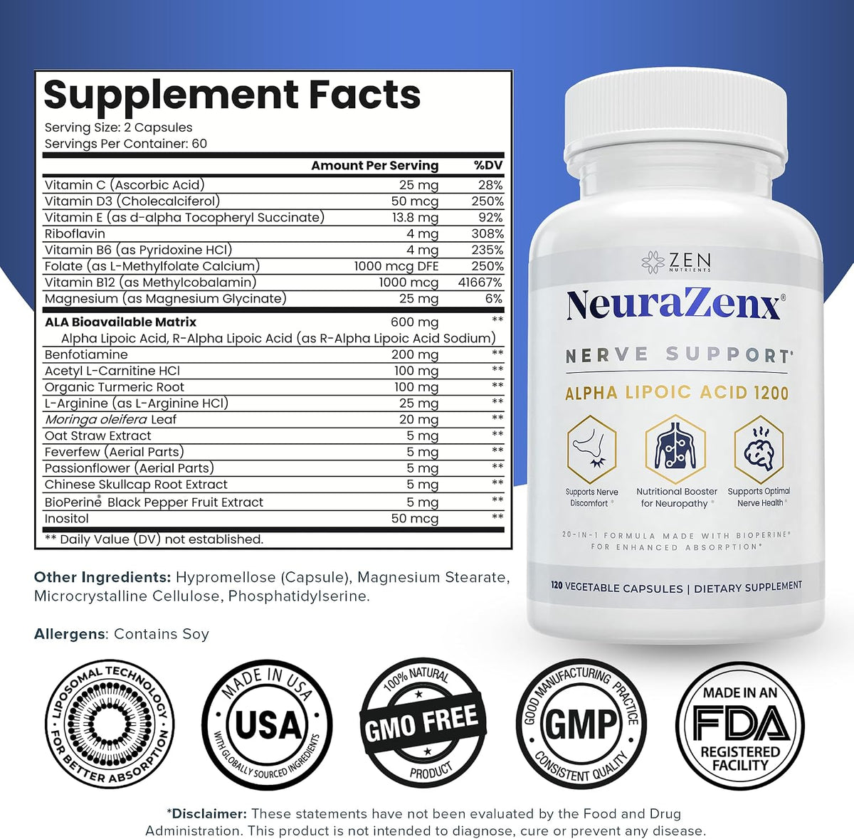 Zen Nutrients NeuraZenX | Advanced Nerve Support Supplement with 1200mg Alpha Lipoic Acid - görsel 2