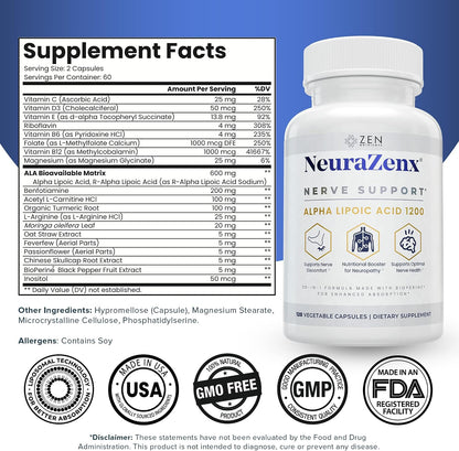 Zen Nutrients NeuraZenX | Advanced Nerve Support Supplement with 1200mg Alpha Lipoic Acid
