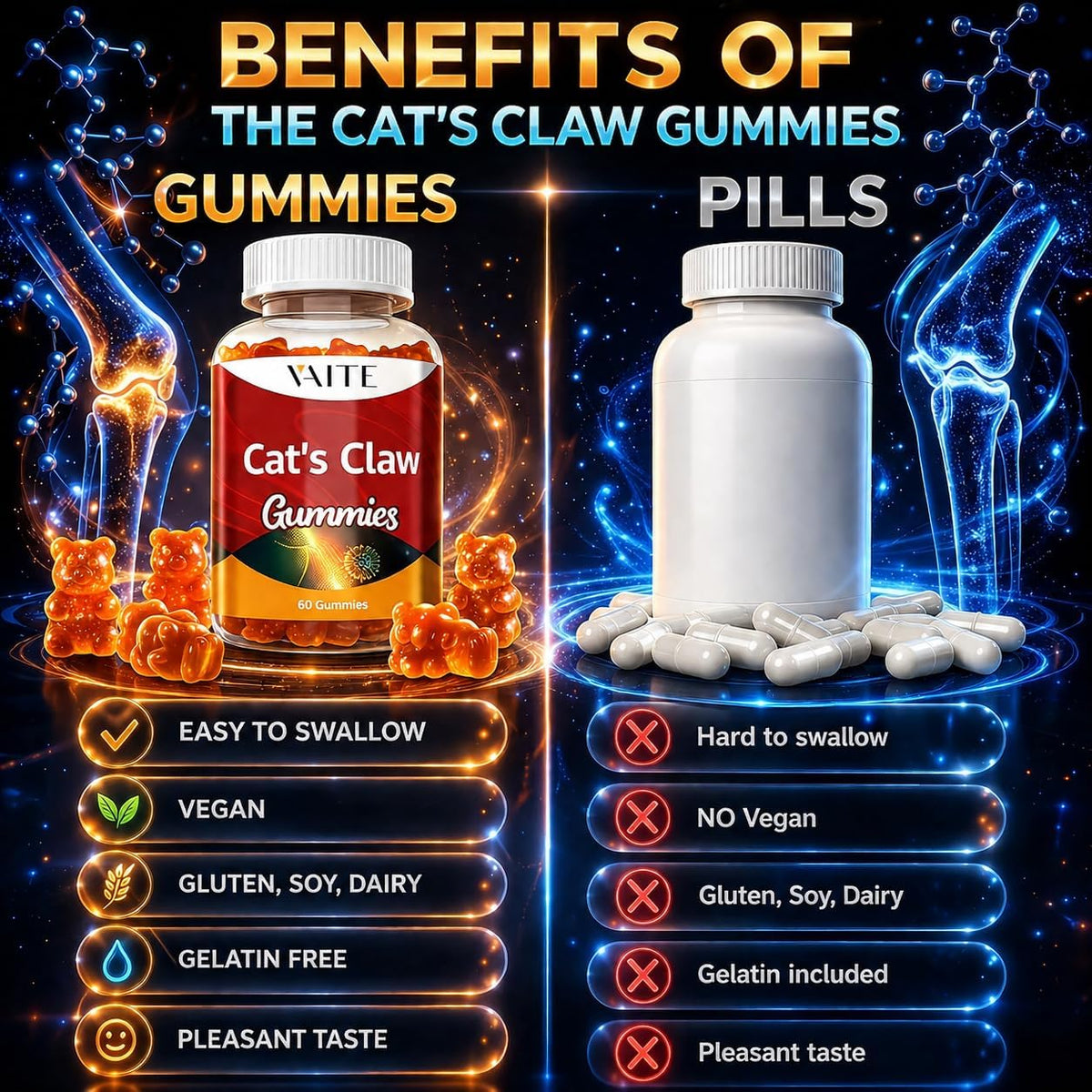 Cat's Claw Herbal Supplements 1000mg Gummies - Uncaria Tomentosa Extract, Vegan Immune Support, Joint Health, Inflammatory Balance, Overall Wellness, Sugar-Free, Gluten-free, 60 Chewables - görsel 5