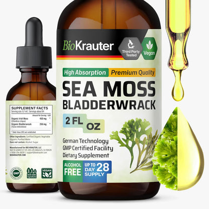 BIO KRAUTER 2-in-1 Sea Moss & Bladderwrack Drops – Vegan Liquid Supplement, 60 ml