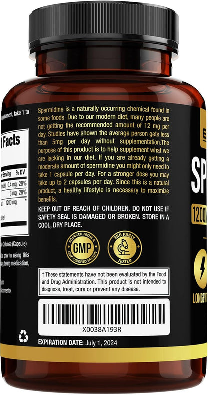 Earth Elixir Spermidine Supplements 1200mg (90 Capsules) – Anti-Ageing – Third-Party Tested (12mg Spermidine Powder) Max Purity – 100% Pure Spermidine – Fermented Wheat Germ Extract – NMN Alternative