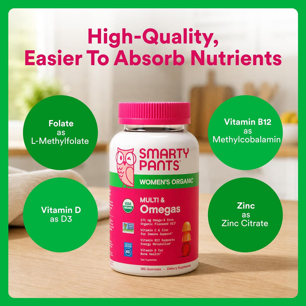 SmartyPants Organic Women's Multivitamin Gummies: Biotin, Methylfolate, Omega-3 (ALA), Vitamin D3, C, Vitamin B12, B6, A, K & Zinc, Inositol, Gluten-free, Vegetarian, 120 Count (30 Day Supply) - görsel 6