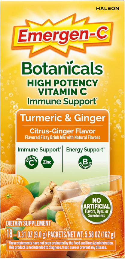Emergen-C Citrus & Ginger Fizzy Drink Mix with Turmeric and Ginger, Immune Support, 18 Sachets