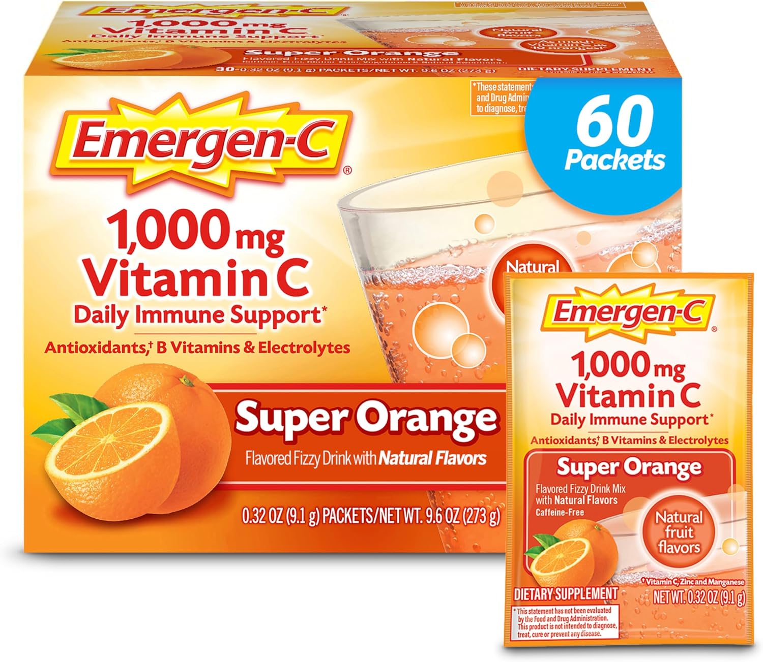 Emergen-C 1000mg Vitamin C Powder for Daily Immune Support, Super Orange Flavour – 60 Sachets - görsel 1