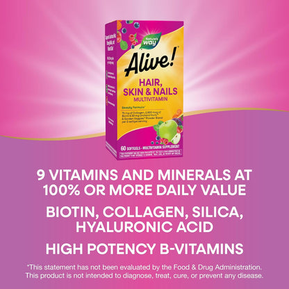 Nature's Way Alive! Hair, Skin & Nails Multivitamin with Collagen and Biotin, 60 Soft gel capsules
