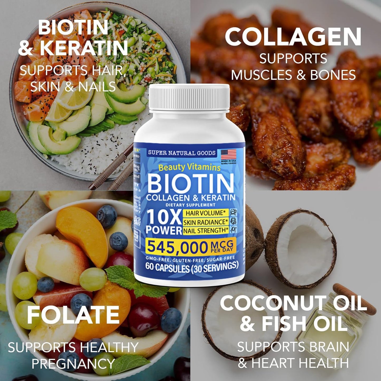 Super Natural Goods Biotin Collagen Keratin Supplement - Hair, Skin and Nail Support (120 Capsules) - görsel 4