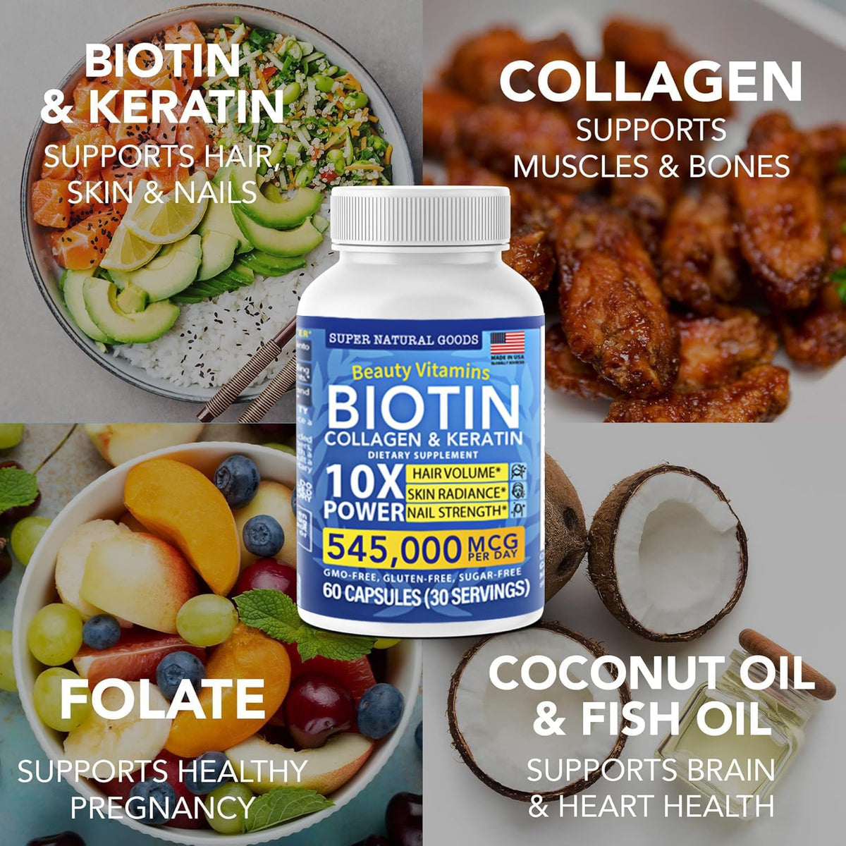 Super Natural Goods Biotin Collagen Keratin Supplement - Hair, Skin and Nail Support (120 Capsules) - görsel 4