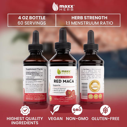 Red Maca Root Extract - Max Strength Liquid Drops, 4 Bottles (240 Servings)