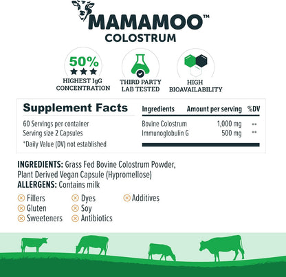 MamaMoo Colostrum Powder - Grass Fed, Non-GMO Verified, >50% IgG (120 Capsules)