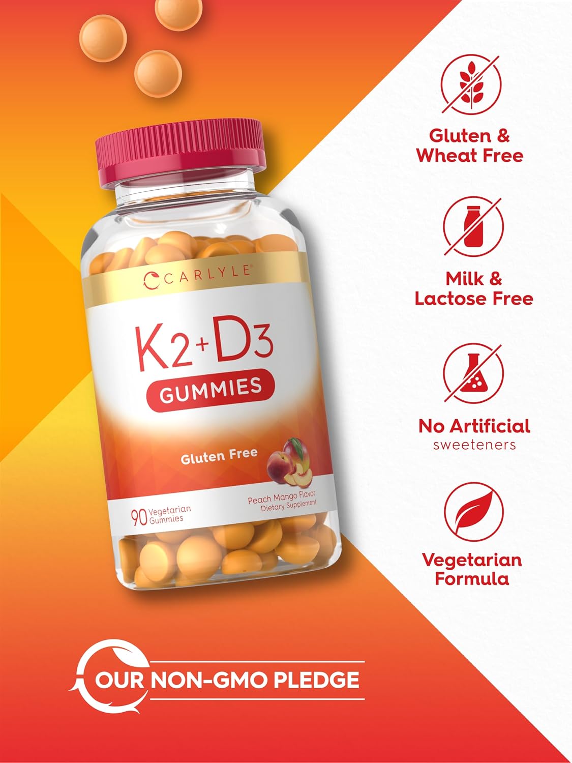Carlyle Vitamin D3 K2 Gummies - 5,000 IU D3 + 50 mcg MK7, Peach Mango, 90 Count - görsel 5