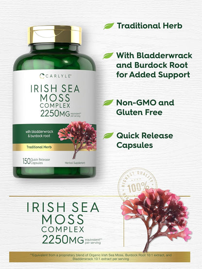 Carlyle Irish Sea Moss Capsules | 150 Count | Herbal Complex with Bladderwrack and Burdock Root | Non-GM & Gluten-free