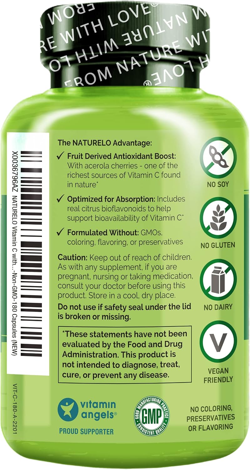 NATURELO Vitamin C with Organic Acerola Cherry and Citrus Bioflavonoids - 500 mg - 180 Vegan Capsules - görsel 2