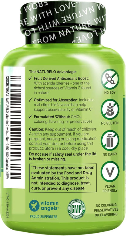 NATURELO Vitamin C with Organic Acerola Cherry and Citrus Bioflavonoids - 500 mg - 180 Vegan Capsules