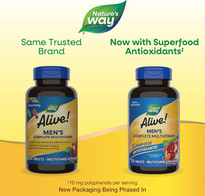 Nature's Way Alive! Men's Complete Daily Multivitamin, Supports Energy Metabolism & Muscle Function, with B Vitamins, Gluten-free, 130 Tablets