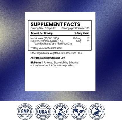 Research Verified Nattokinase - 4000 FU - Circulatory Support - BioPerine, No Vitamin K2 - 60 Capsules - Pack of 1