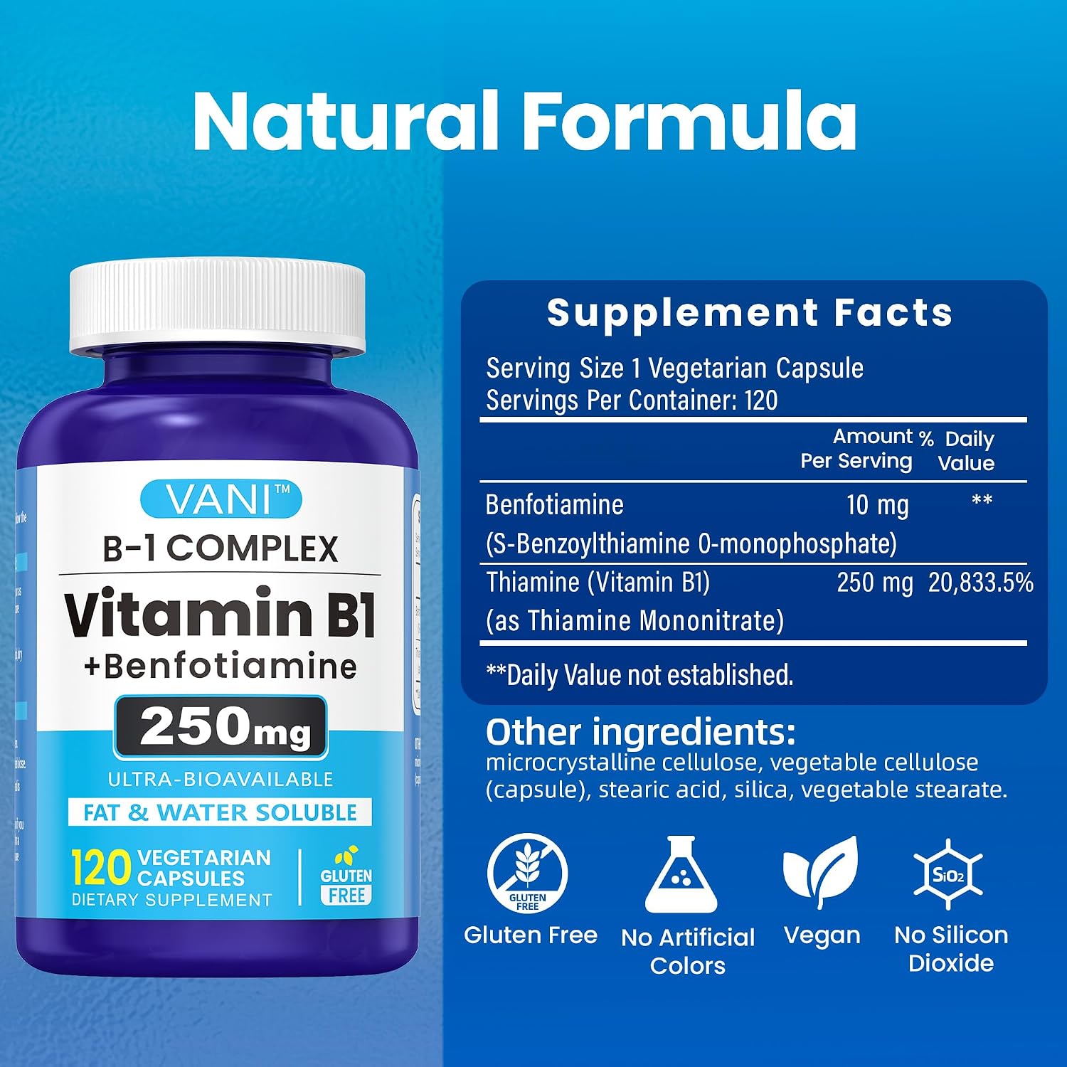 VANI 250mg Vitamin B1 with Benfotiamine – Enhanced Formula, Fat- & Water-Soluble Thiamine Supplement (120 Capsules, Gluten-free) - görsel 4