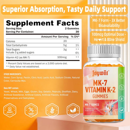 Joywiit Vitamin K2 MK-7 Gummies 100mcg, Extra Strength K2 for Bone & Cardiovascular Support, Chewable Natural Orange Flavour, Non GMO, Vegan, 60 Gummies