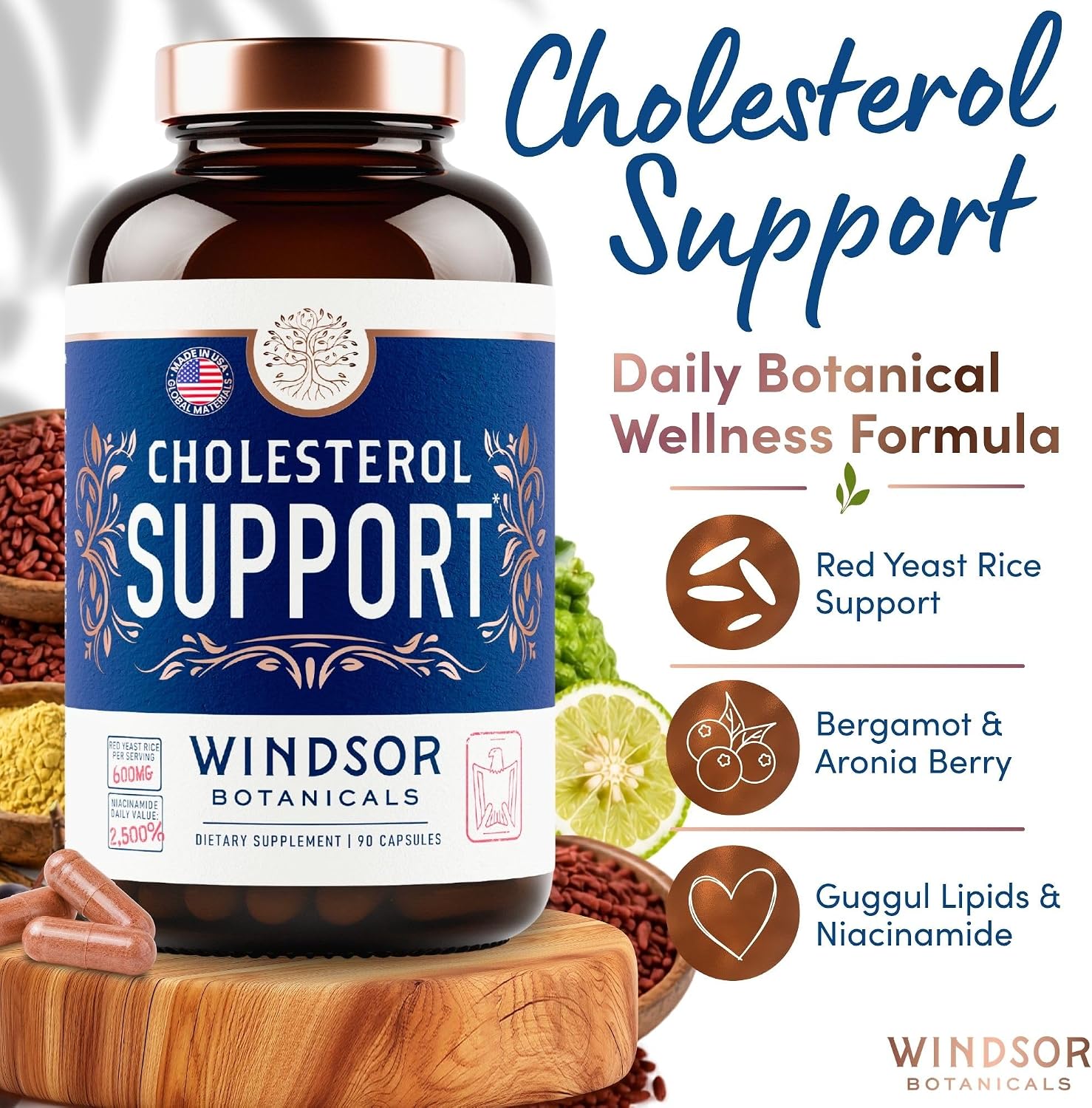 Windsor Botanicals Cholesterol Support Complex - Citrus Bergamot, Red Yeast Rice, Berberine, Niacin - 90 Vegan Capsules - görsel 2