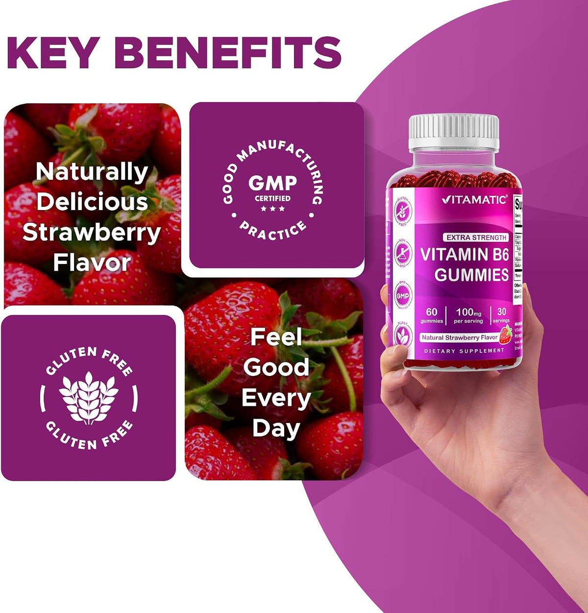 Vitamatic Vitamin B6 100mg Gummies – Natural Strawberry Flavour – 2 Pack (60 Gummies per Bottle) - görsel 5