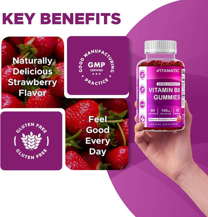 Vitamatic Vitamin B6 100mg Gummies - Berry Flavour - 60 Count (Pectin Based, Vegan, Non-GMO)