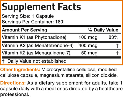 Bronson Vitamin K Triple Play - Full Spectrum Complex with K1, K2 MK4 & MK7, 180 Capsules
