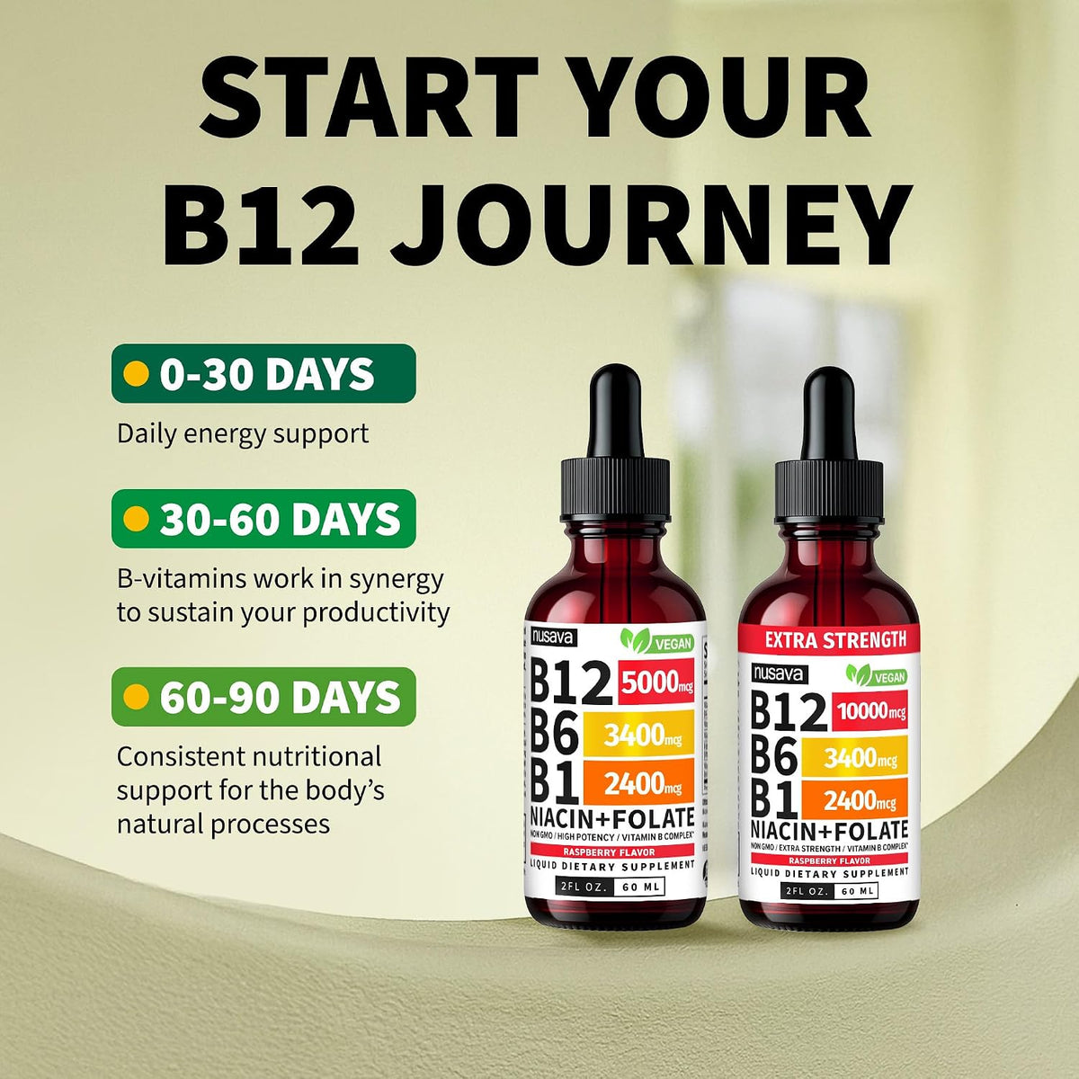 NUSAVA Vitamin B12 Liquid Drops 5000µg with B-Complex & Thiamine - Sublingual Methylcobalamin, Vegan, Non-GMO, Raspberry (Pack of 4, 60 ml Each) - görsel 4