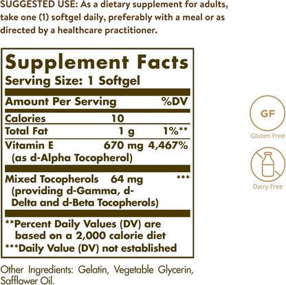 Solgar Vitamin E 670 mg (1000 IU) Mixed Softgels, 100 Softgels