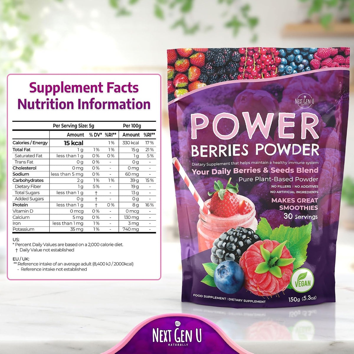 Super Berry Powder - 4 Pack, 150g Each - Immune Support - Food Supplement - Superfood Berries - Smoothie Mix for Shakes - Healthy Boost for Detox Juice Beverages or Any Drink - by NextGenU - görsel 8