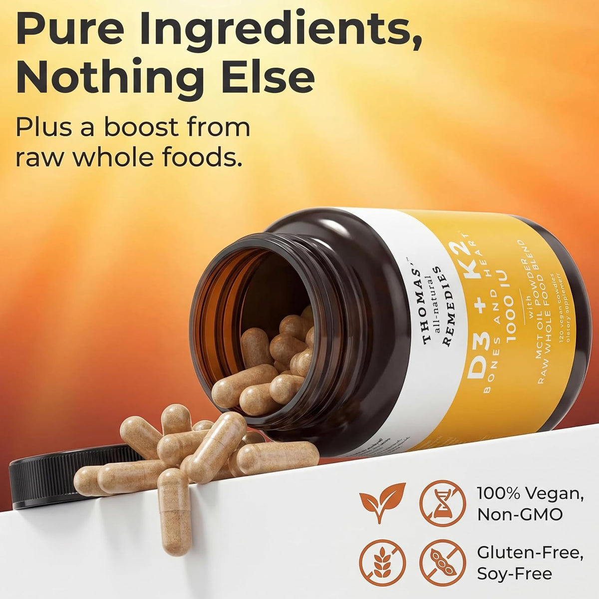 Thomas' All-Natural D3 + K2 with MCT Oil & Raw Whole Food Blend, 1000 IU, Vegan, 120 Soft gel capsules - görsel 5
