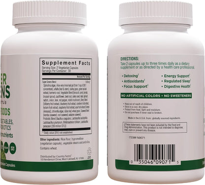 Country Farms Super Greens Vegicaps, 29 Whole Greens Whole Food Supplement with Probiotics, 60 Vegicaps