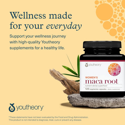 Youtheory Women’s Maca Root - 120 Vegan Capsules (60 Day Supply) - Gelatinised Peruvian Yellow Maca for Energy, Hormone Balance & Menopause Support - Adaptogen Blend for Stress - Gluten-Free