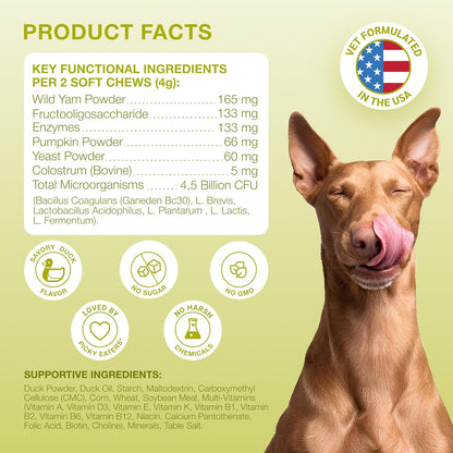 Dog Probiotics Chews – 4 Billion CFU, 6 Strains + Colostrum & Digestive Enzymes – Duck Flavour – 120 Chews