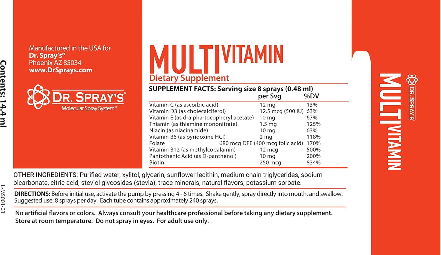 Dr. Spray's Multivitamin (30-Day Supply) - Great Tasting, Fast-Acting, Vegetarian, Non-GMO, with 100% DV Vitamin B12 and D3 - görsel 8