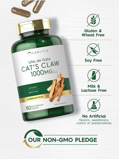 Carlyle Cat's Claw Herb Capsules 1000mg - Uncaria Tomentosa - Non-GMO, Gluten-free (180 Capsules)